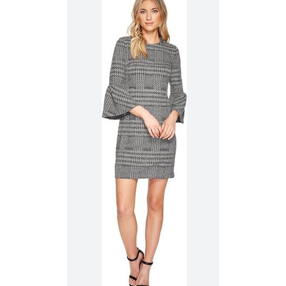 Calvin Klein Black & White Tweed Plaid Bell Sleeve Sheath Dress - Size 6 - Picture 1 of 7